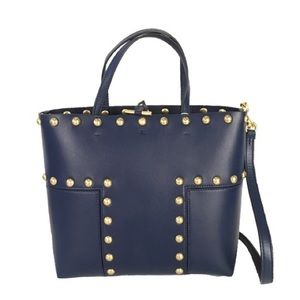 Tory Burch Block T Stud Leather Mini Tote Crossbody, Royal Navy